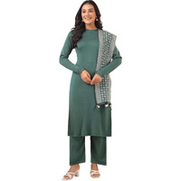 Janasya Women's Dark Green Woolen Self Design Straight Winter Kurta with Pant & Stole Set (JAB24ST01163-M)