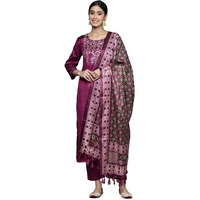 Varanga Women Purple Yoke Embroidered Straight Kurta Paired With Tonal Bottom And Bhagalpuri Printed Dupatta