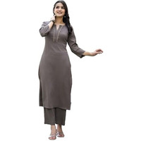 Varanga Women Taupe Crepe Round Neck Kurta with Bottom, Three-Quarter Sleeves, Straight Cut, Side Slit, Tonal Bottom