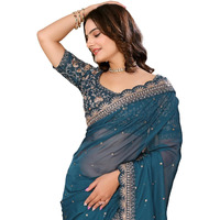 VAIRAGEE Women Soft Organza Teal Embroidery Saree With Unstiched Blouse(6252)