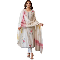 Sanisa Women's Cotton Jacquard Work Straight Kurta with Pant and Dupatta Set (212KBD2243NA-L_Off White & Multi)