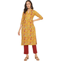 Janasya Women's Mustard Cotton Floral Regular Kurta(JNE4357-KR-L)