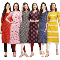 Pinkmint Women's Crepe Digital Print Straight Kurta Pack of 6