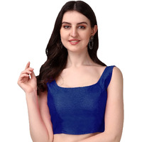 Vihu Fashion Women's Deep Neck Silk Sleeveless Readymade Blouse (Navy Blue, 32)