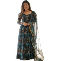 Anveri Textiles Women's Traditional Navy Blue Georgette Full Sleeve V Neck Floral Designer Printed Anarkali Kurta with Dupatta (151_Sanvi_6XL)