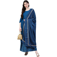 Stylum Women's Checkered Rayon Flared Kurta with Dupatta Set (Tealtrianglekdset44_Teal Blue, XXL)