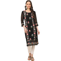 Ekasya Women's Georgette Straight Cut Round Neck Kurta with Beautiful Embroidery Work (E1628) Black