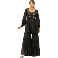 Janasya Women's Black Georgette Sequined Front Slit Peplum Sharara Set (JAB24ST00694-XL)