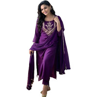 ACINOS Cotton Slub Rayon Fabric Embroidered Work Straight Kurta, Pant and Dupatta Set (Wine XXL)
