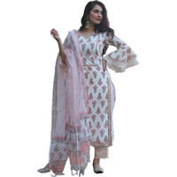 Nermosa Women's Printed Kurta and Pant Set with Dupatta (Large) White