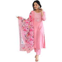 Naixa Women's Pink Rayon Slub Embroidered Straight Kurta with Rayon Slub Pant and Silk Printed Dupatta Sets (NX-595-Baby-Pink-XXL)