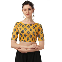 OOMPH! Women's High-Neck Cotton Rayon Paisley Print Aari Work Ethnic wear Half Sleeve Saree Blouse - Yellow
