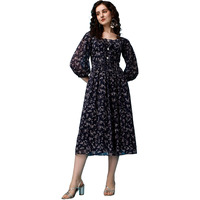 Fashion2wear Women's Stylish Georgette Fit and Flare Fashionable Midi for Girls Blue (Elegance Maxi-Blue_S)