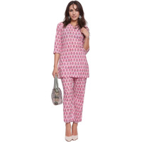 SMOWKLY Women's Printed Rayon Slub Mid Thighs Short Kurti With Relaxed Fit Pant Sylish Co-Ords Set || Trendy 3/4 Sleeve Kurta & Palazzo Cord Pair (Pink-X Large)