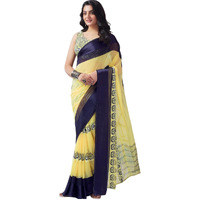Satrani Women's Georgette Floral Printed Satin Patta Saree with Unstitched Blouse Piece (3634S117N_Light Yellow & Navy Blue)