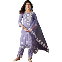 SheWill Women's Lavender Purple Chiffon Silk Kurta Set with White Thread Chain Stitch Embroidery| Straight Cut Kurta with Pant and Organza Dupatta | Diwali, Festive Ethnic Set for Women
