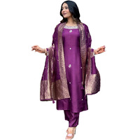 ANNI DESIGNER Women's Cotton Blend Straight Embroidered Kurta with Pant & Dupatta (Beyond Purple_XL_Purple_X-Large)
