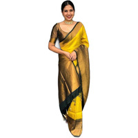 Anjaneya Sarees Woven Banarasi Kanjivaram Silk Saree with Blouse Piece (Yellow)