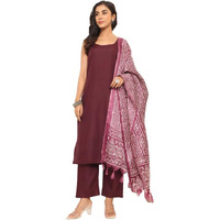 Varanga Women's Violet Strap Kurta with Tonal Bottom & Printed Dupatta  Round Neck, Side Slit Design for Elegant Look