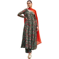 Janasya Women's Bottle Green Georgette Digital Floral Printed Kurta with Palazzo and Dupatta(SET821-KR-PP-R-XL)
