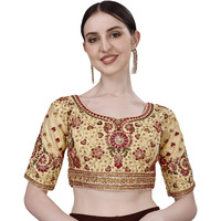 Vihu Fashion Women's Heavy Multi Codding Embroidery with Diamond Work Half Sleeve Cream Trendy Blouse(Heer Cream_38)
