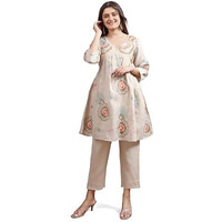 Womanista Women's Beige Colour Linen Multi Thread Embroidery Flared Tunic with Trouser coord Set(Co-ords_9102_XXL)