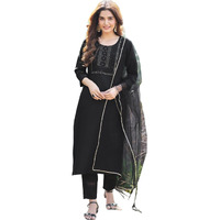 Sanisa Women's Cotton Blend Embroidery Straight Kurta with Pant and Gota Lace Work Dupatta (80KBD899NZ-XXL_Black)