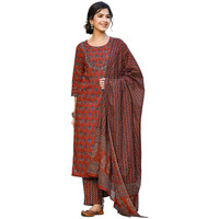 Vaamsi Women's Floral Block Printed Straight Kurta Pant With Dupatta Set (VKSKD1237A_Coral Red_S)