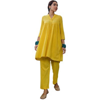 Janasya Women's Yellow Cotton Jacquard Self Design Gathered Co-Ord Set(JAA24CD00201-M)