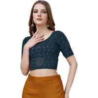 Pujia Mills Women's Readymade Hosiery Lycra Stretchable Round Neck Half Sleeve Blouse with swaroski Work Fancy Lycra Stretchable Morpeach Blouse for Women Readymade Saree Blouse
