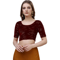 Vihu Fashion Women's Readymade Hosiery Velvet Lycra Stretchable Round Neck Half Sleeve Blouse Fancy Maroon Color Lycra Stretchable Blouse for Women Readymade Saree Blouse