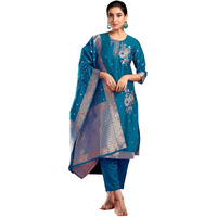 Sanisa Women's Silk Blend Jacquard Work Straight Kurta with Pant and Dupatta Set (217KBD2297NA-M_Rama Blue & Golden)