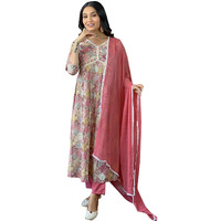 Naixa Women's Pink Viscose Rayon Printed Flared Kurta with Pant and Laced Dupatta Set