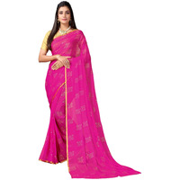 SICHI Women's Mukaish Work & Border Jari Stripes Chiffon Saree with Unstitched Blouse Piece(2394S204_Rani Pink)