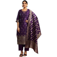 Sanisa Women's Silk Blend Jacquard Work Straight Kurta with Pant and Dupatta Set (217KBD2292NA-M_Deep Purple & Golden)