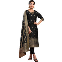 Sanisa Women's Silk Blend Jacquard Work Straight Kurta with Pant and Dupatta Set (217KBD2291NA-L_Black & Golden)
