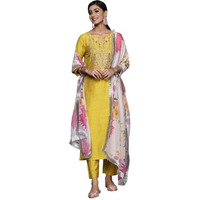 VARANGA yellow embroidered kurta with tonal bottam and contrast printed dupatta