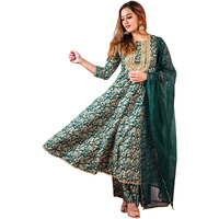 Janasya Women's Teal Cotton Foil Floral Printed Kurta with Palazzo and Dupatta(SET833-KR-PP-XS)