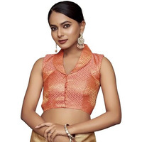 Vardha Women's Brocade Sleeveless Padded Saree Blouse for Women with Collar Neck (Rani)
