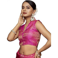 Vardha Women's Brocade Sleeveless Padded Saree Blouse for Women with Collar Neck (Rani)