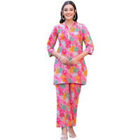 Leriya Fashion Women Ethnic Kurta Set | Cotton Blend Kalista Co-Ord Set | Casual Wear Pant Top Set | Fancy Pajama Set | Pack of 2 | Floral Printed Top & Pant Set (Large, Pink) LF-K-W1728&TR819