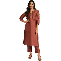 Janasya Women's Brown Crepe Silk Yoke Design Straight Kurta Set (JAC24ST00043-J-S)