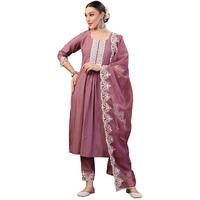 Stylum Women's Embroidered Silk Blend Straight Kurta Pant Dupatta Set (KPDMAUVERAJNI44_Mauve, XXL)