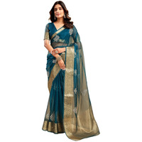 Satrani Women's Organza Sequins Embroidery Jacquard Saree with Unstitched Blouse Piece (4031S651N_Teal Blue)