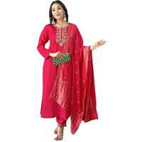 Women's Gajri Viscose Chanderi Embroidered Straight Kurta with Viscose Chanderi Pant and Naylon Jacquard Laced Dupatta Sets (NX-S-Kangana-Gajri-M)
