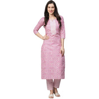 Bollyclues Women's Cotton Blend Printed Straight Kurta with Pant(AN-013) Pink