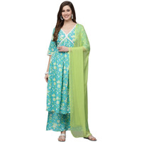 Stylum Women's Floral Printed Cotton Pleated Kurta Palazzo Dupatta Set (KPDZAYLA40_Turquoise Blue, L)