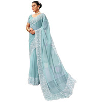 Satrani Women's Chiffon Embroidery & Stone Work Saree with Unstitched Blouse Piece (3352S208N_Light Turquoise)