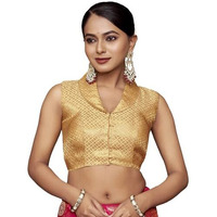 Vardha Women's Brocade Sleeveless Padded Saree Blouse for Women with Collar Neck (Chikoo)