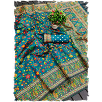 Panzora Woman's Teal Kashmiri Pashmina Silk Saree with Unstitched Blouse Piece.